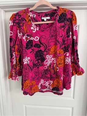 Chico's Hot Pink Floral Print Long Sleeve Top with Orange Accents